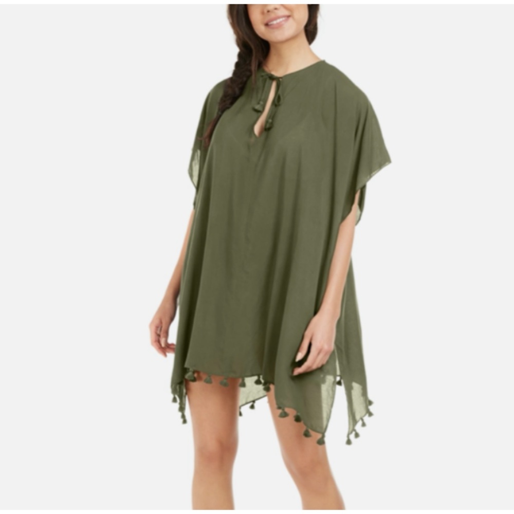 DKNY Women's Green Pom Pom Hem Caftan Deep V Neck Cover Up DIOCS911 Olive